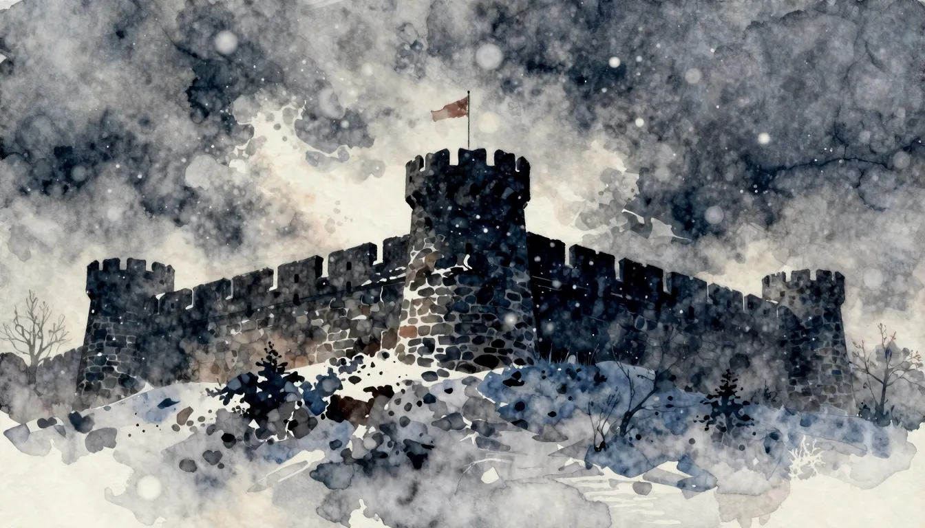 Watercolor style. Silhouette of a strong stone fortress in a...