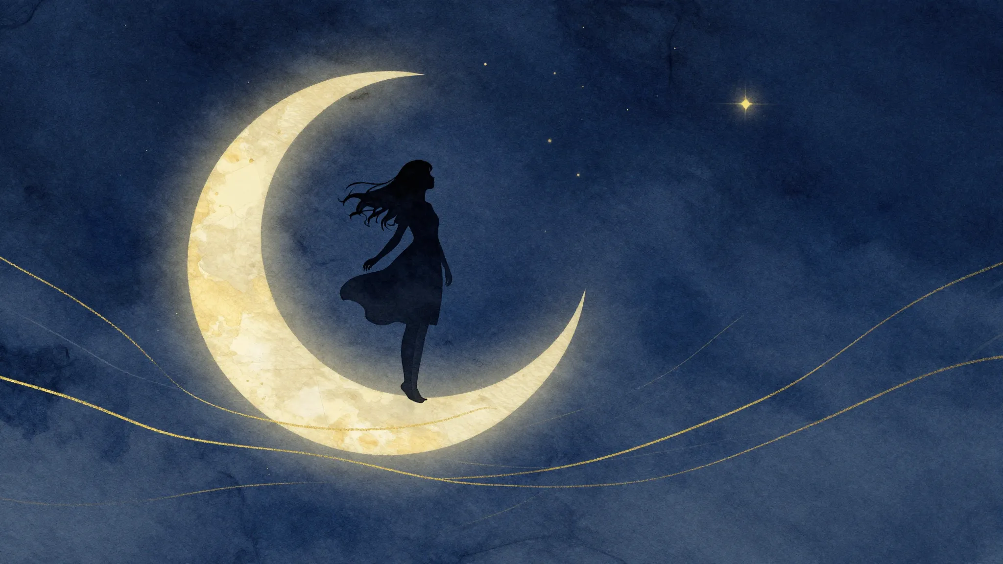 Watercolor style. A dark silhouette of a graceful girl stand...