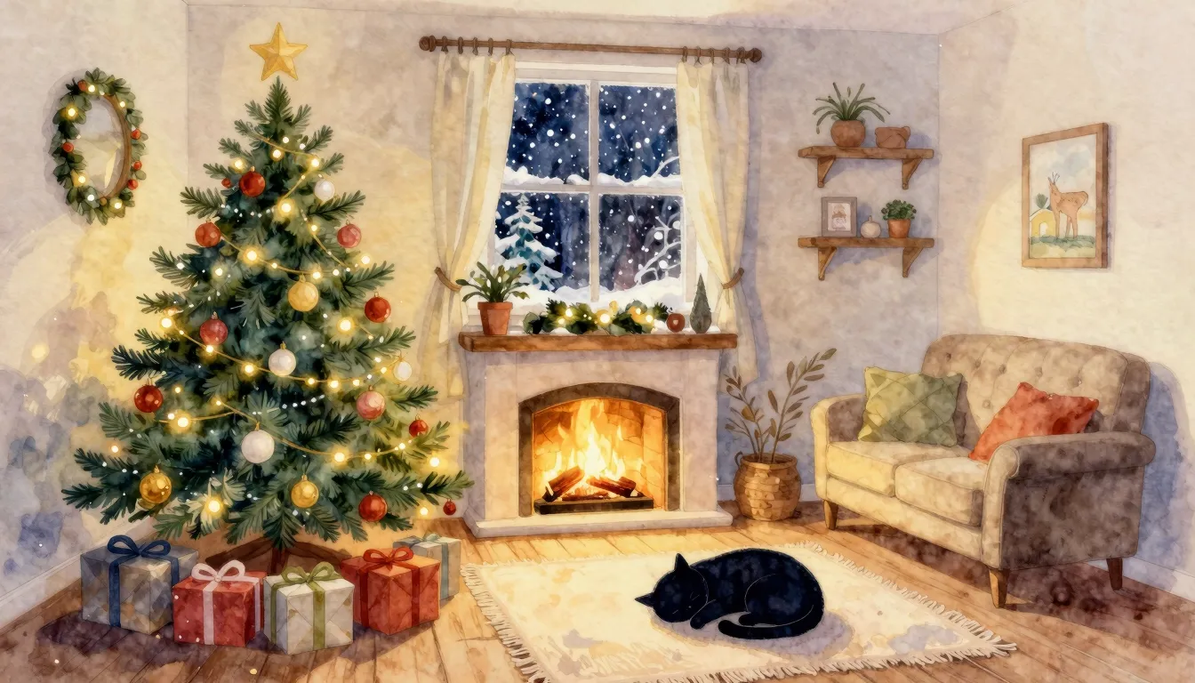 Watercolor style. A cozy room with a decorated Christmas tre...