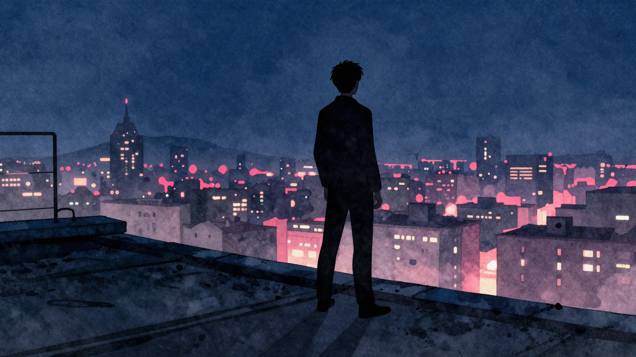 Watercolor style. A lone silhouette stands on a city rooftop...