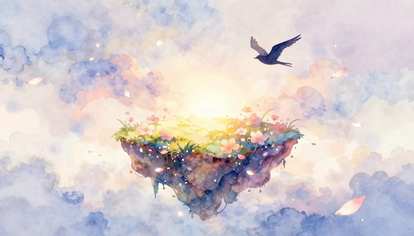 Watercolor style. A delicate glowing island floating in a mi...