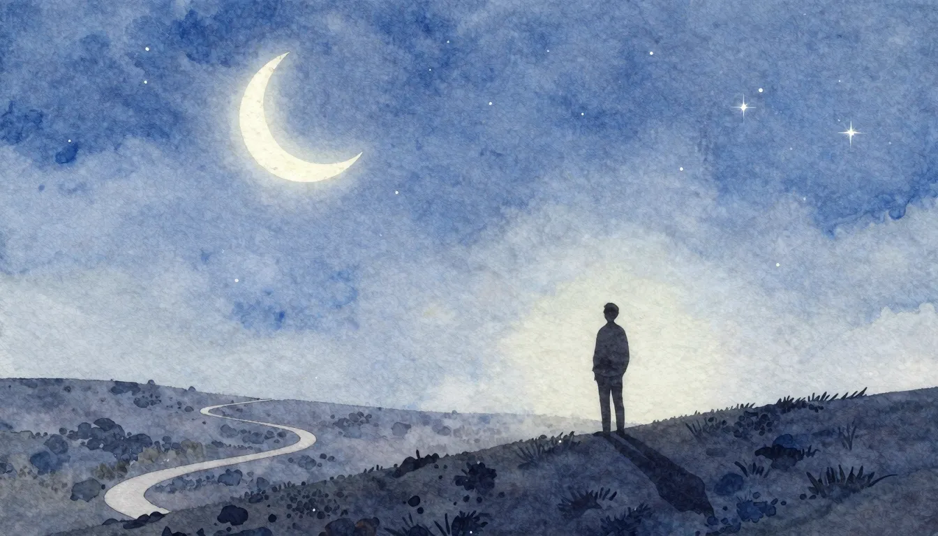Watercolor style. Silhouette of a person standing on a hill,...