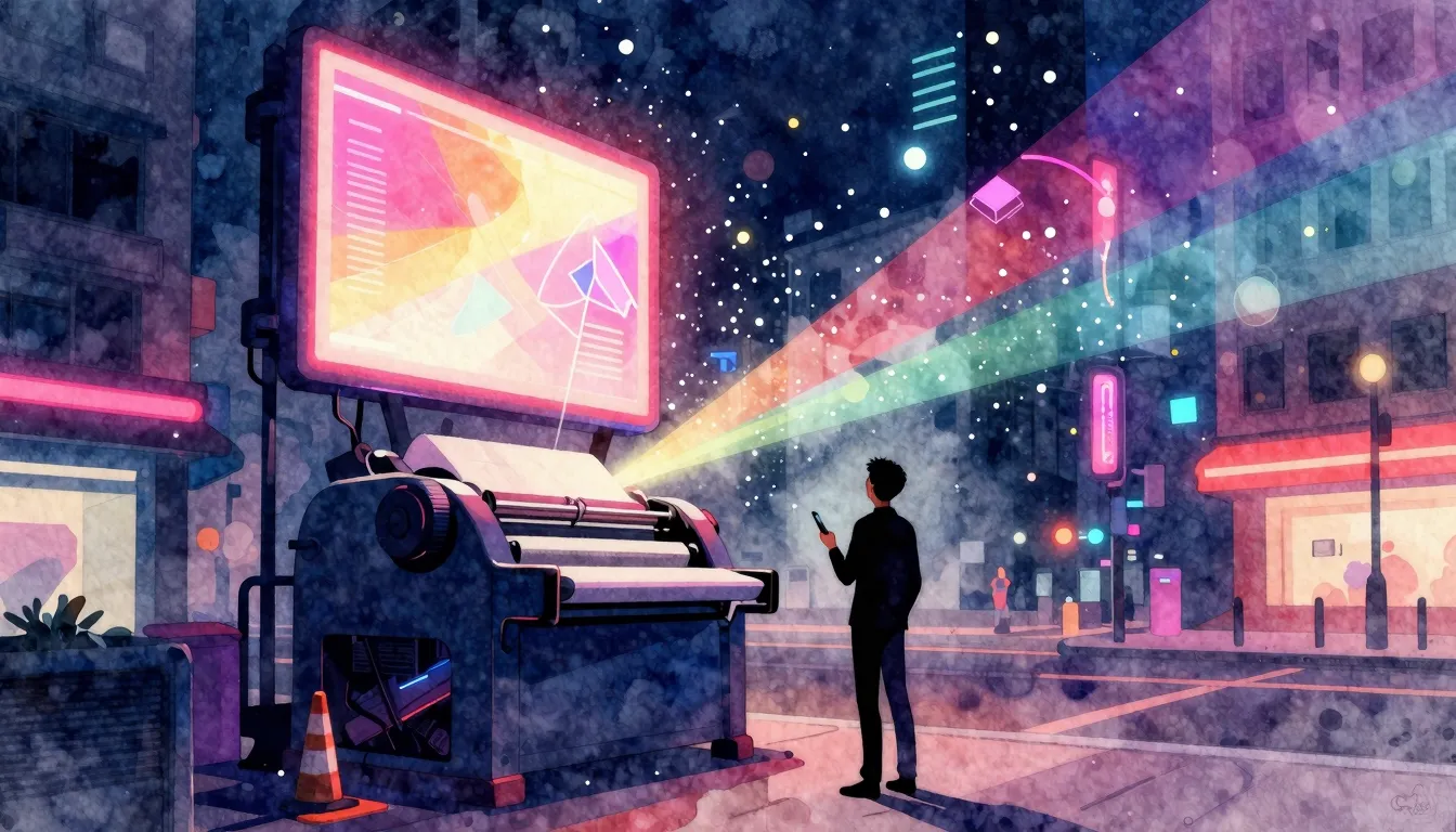 Vibrant watercolor style. A vibrant, neon-lit city street at...