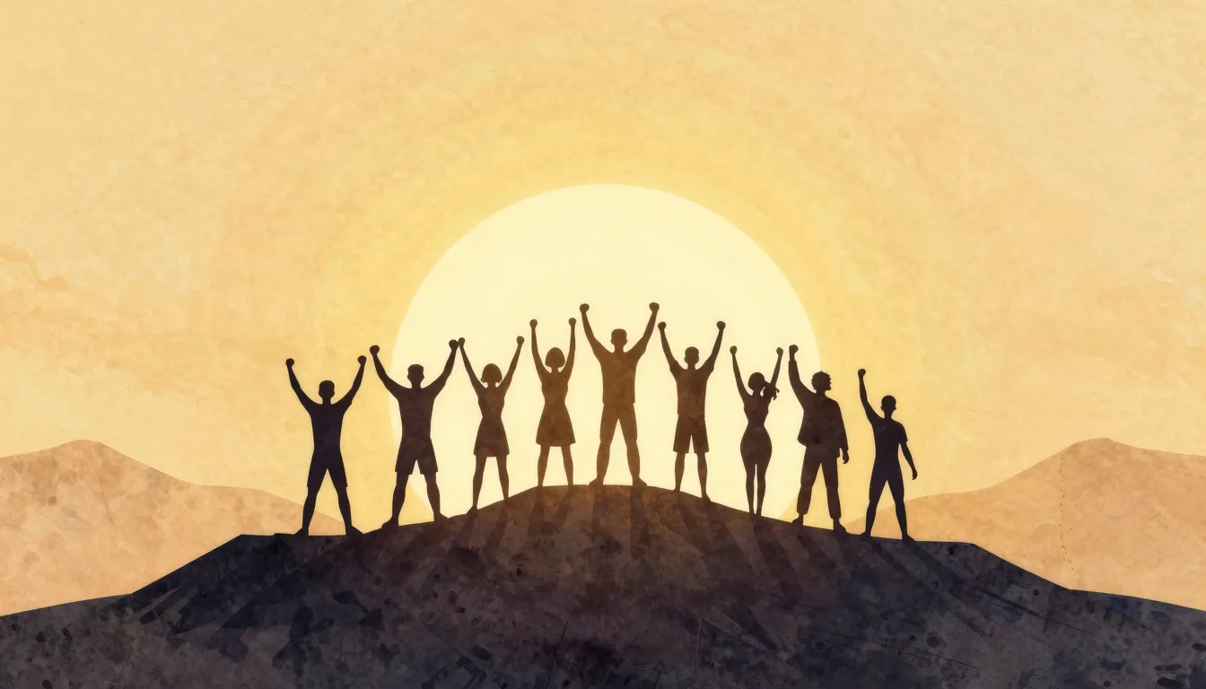 Watercolor style. A silhouette of a group of people standing...