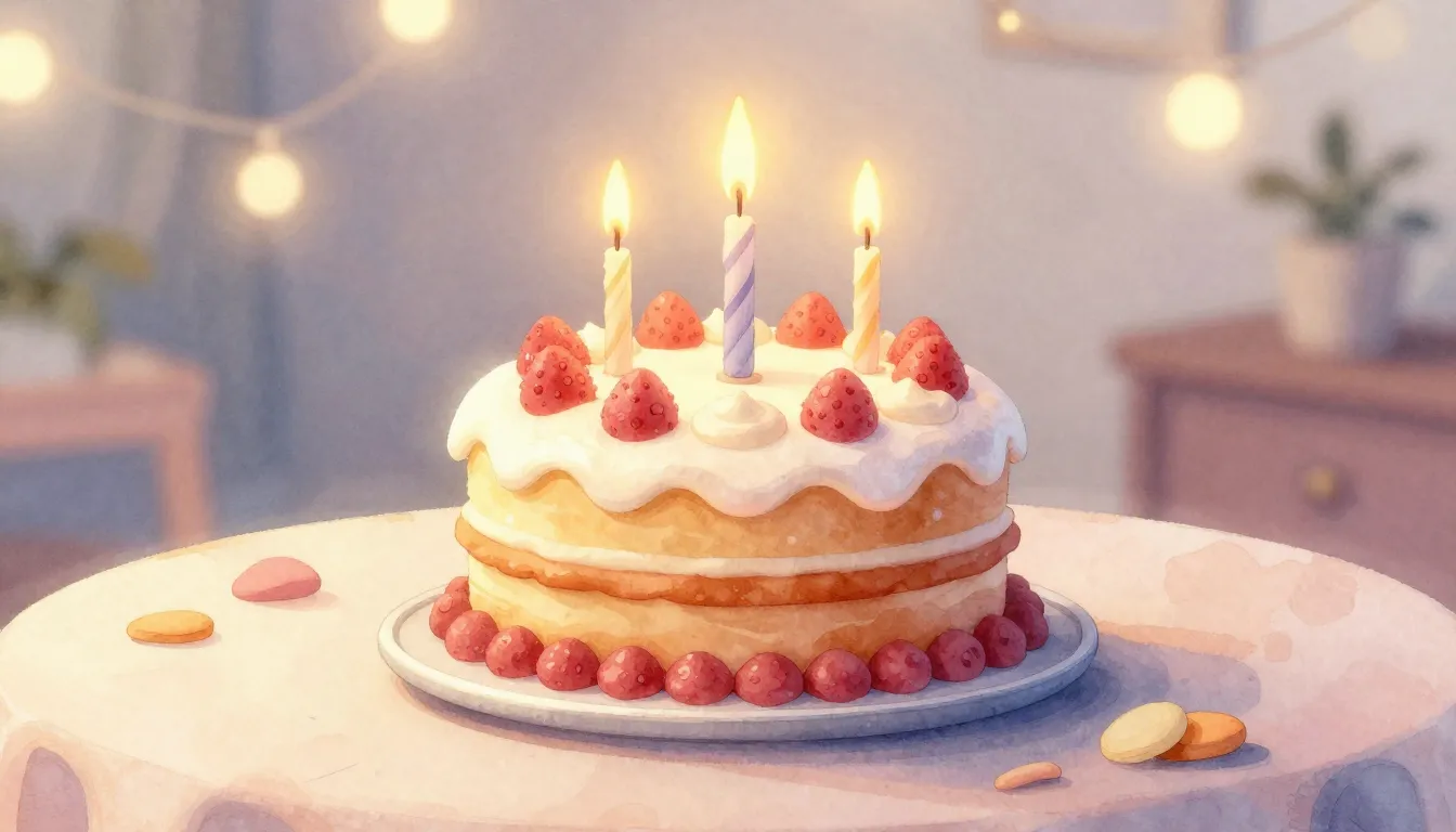 Watercolor style. A festive cake with burning candles on a d...