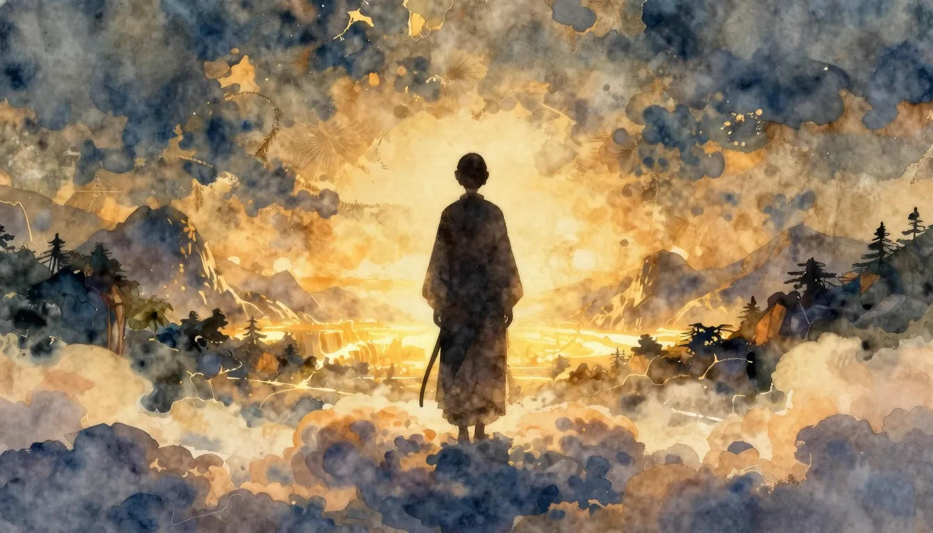 Watercolor style. A silhouette of a peaceful figure standing...