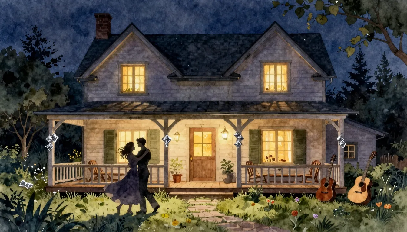 Watercolor style. A cozy country house at night, warm light ...