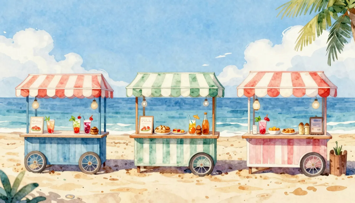 Watercolor style. Three stylish food kiosks on a sandy beach...