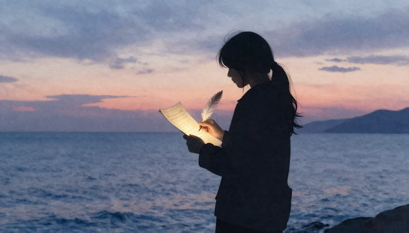 Watercolor style. A solitary silhouette standing by a calm s...