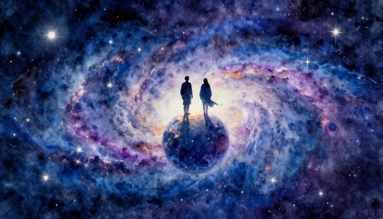 Watercolor style. A cosmic silhouette of two figures standin...