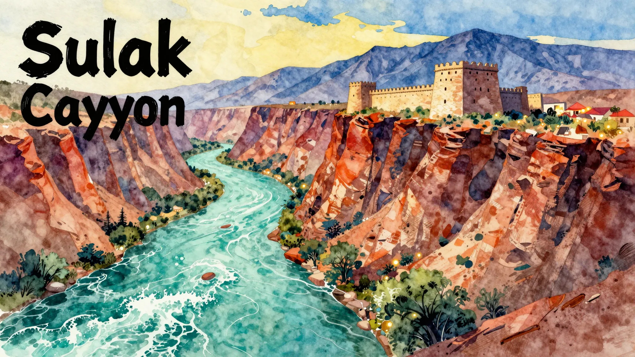 Vibrant watercolor style. Punk rock album cover: Sulak Canyo...