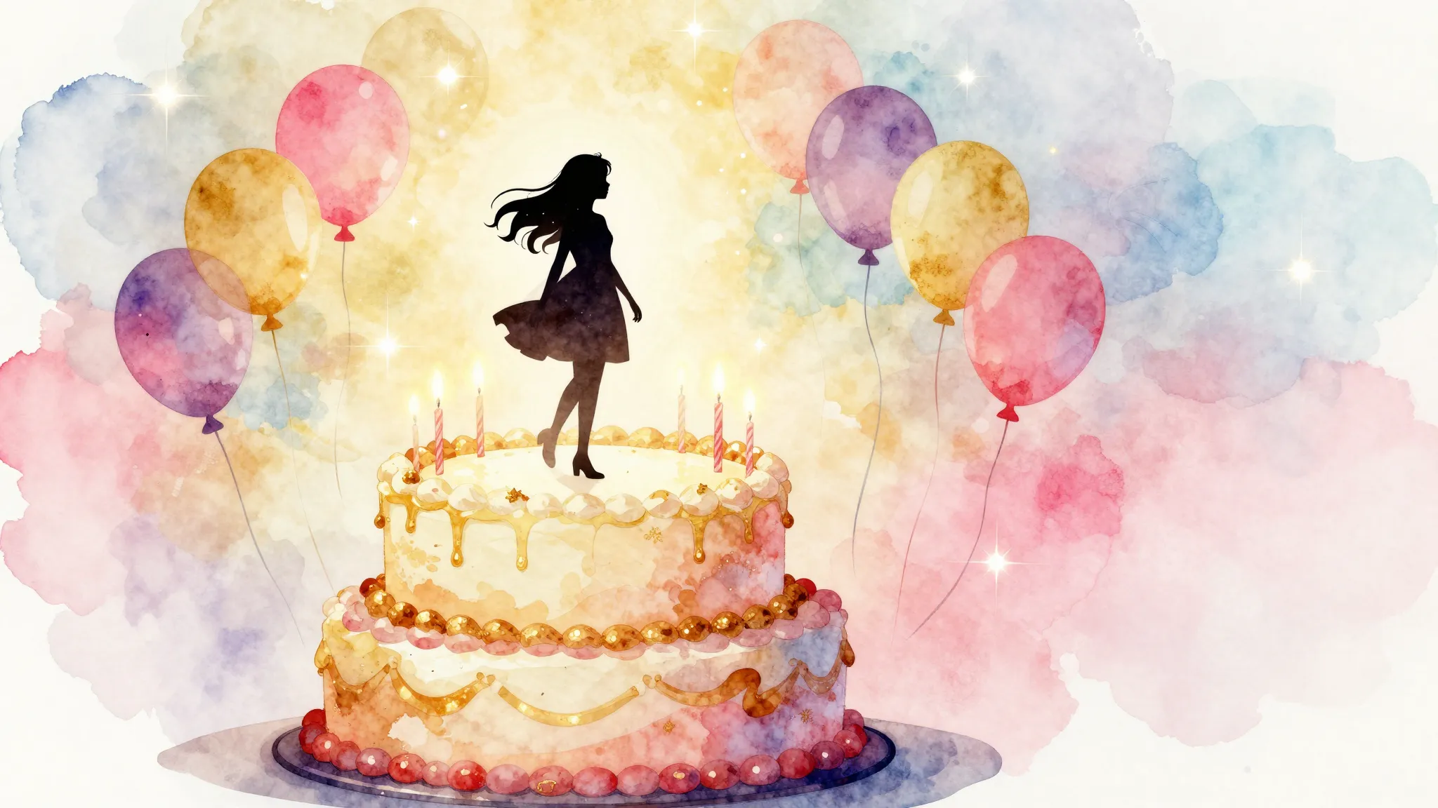 Watercolor style. Silhouette of a girl standing on a giant b...