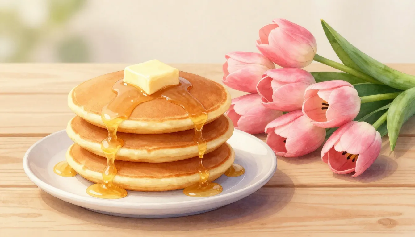 Watercolor style. A stack of golden pancakes with melting bu...