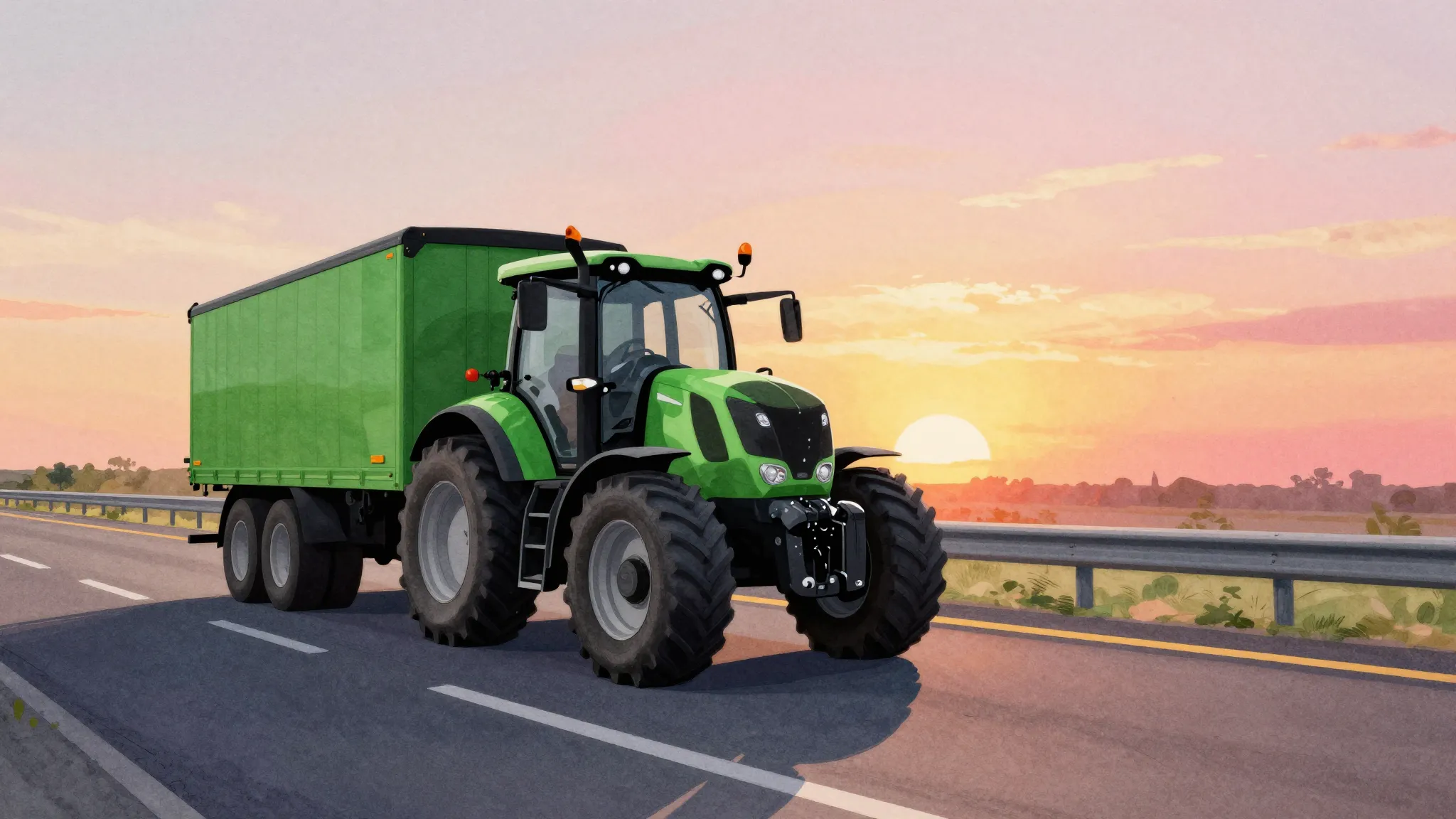 Watercolor style. A silhouette of a modern tractor unit with...