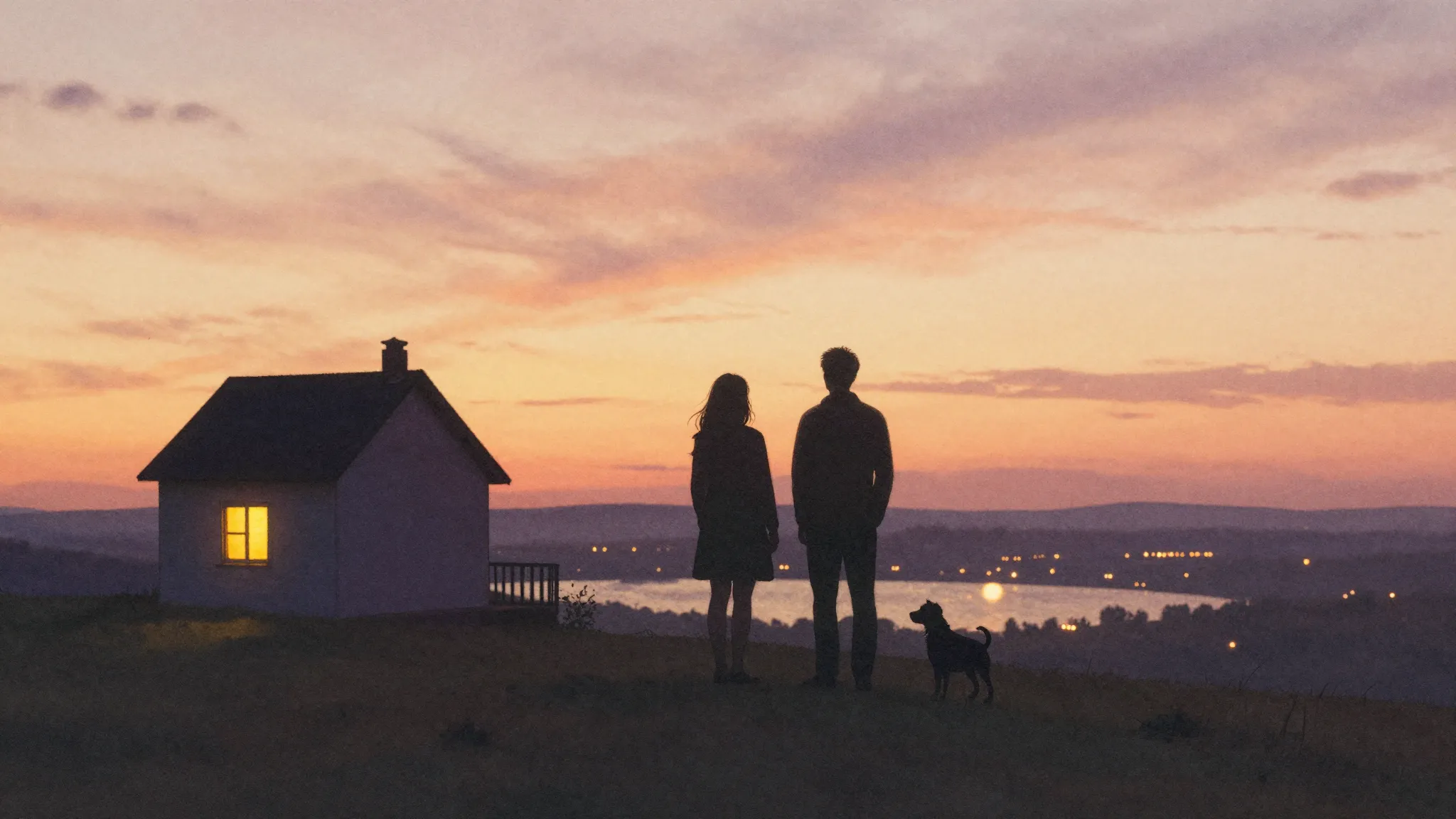 Watercolor style. A silhouette of a couple standing on a hil...