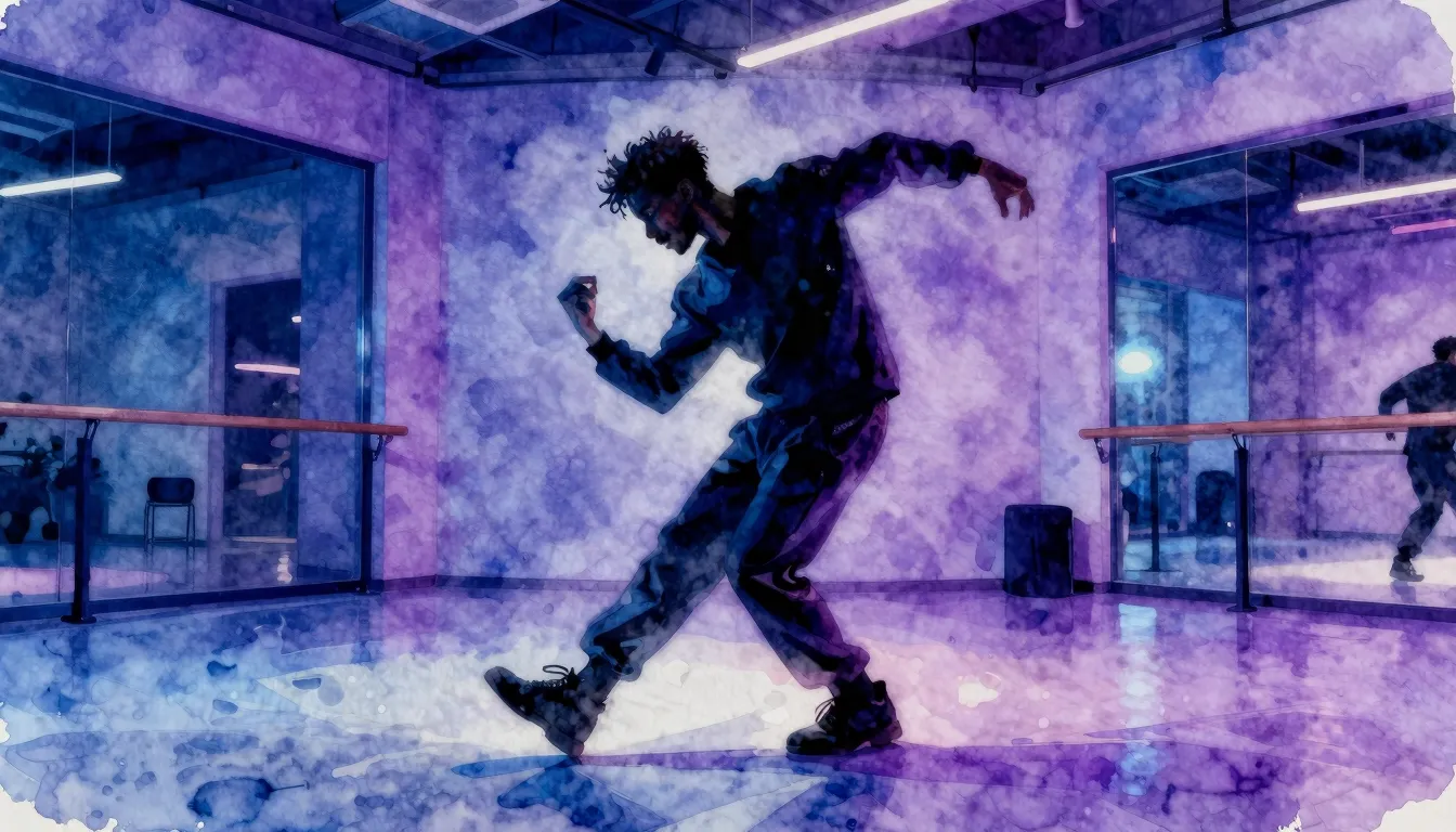 Watercolor style. A dynamic silhouette of a male dancer in a...