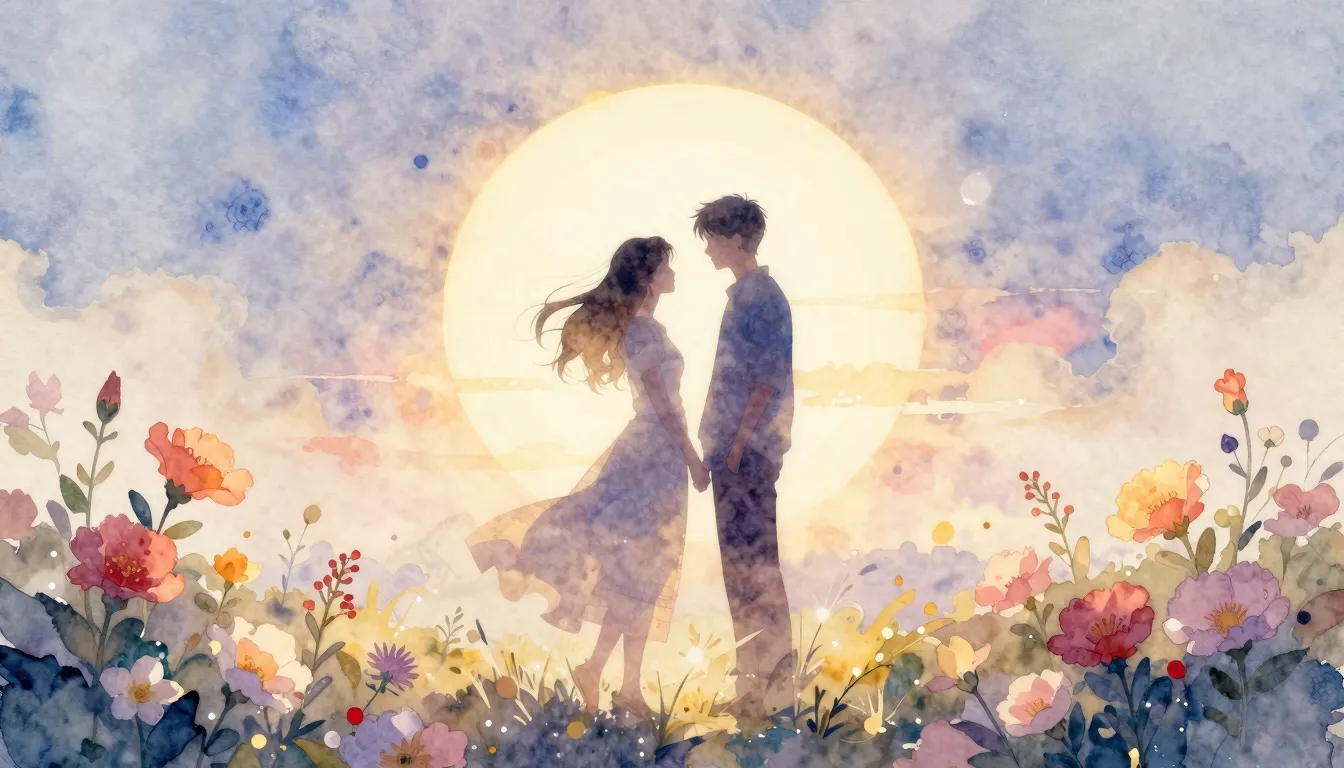 Watercolor style. A silhouette of two lovers standing under ...