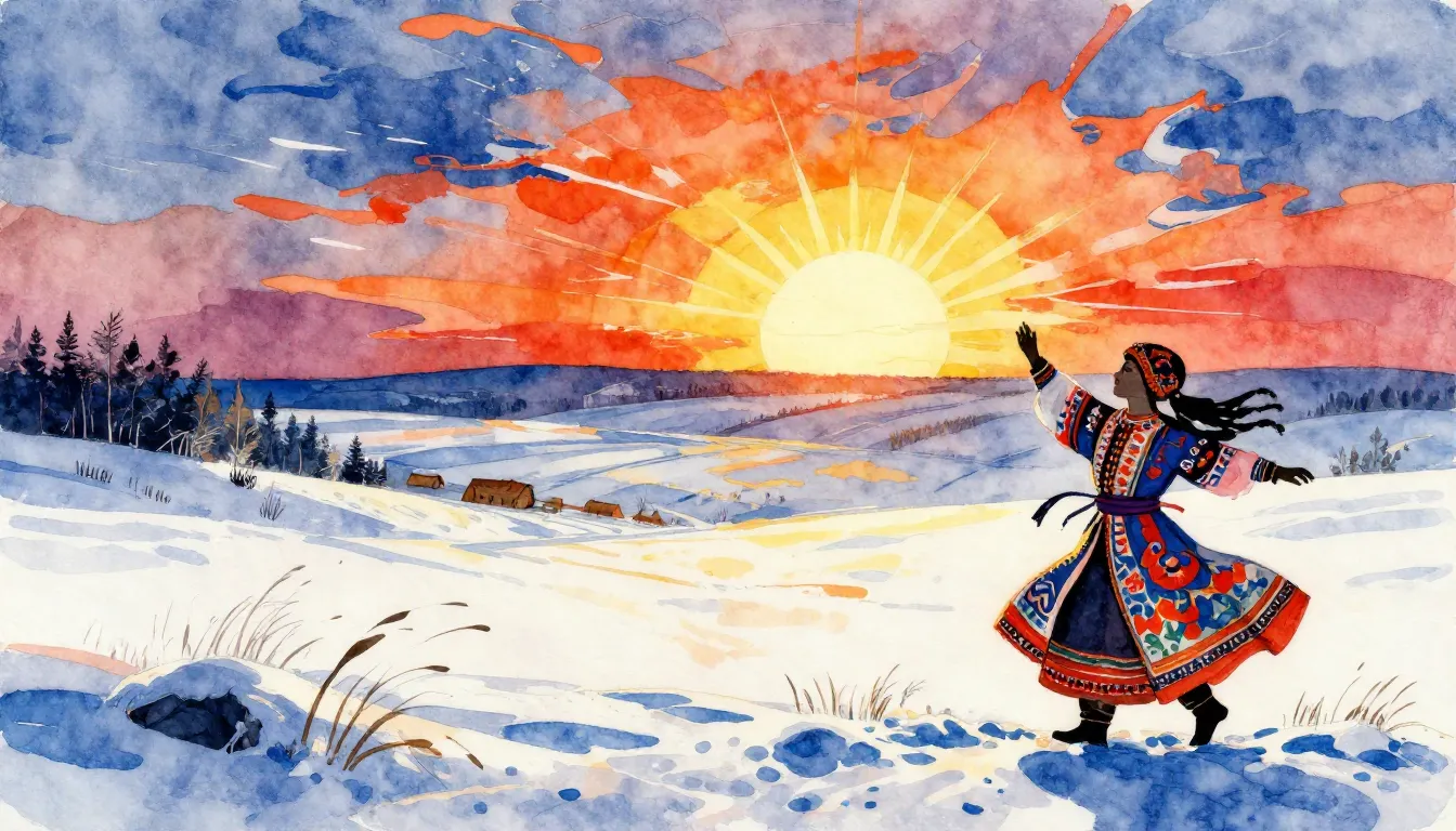 Vibrant watercolor style. Folk song album cover: vast Russia...