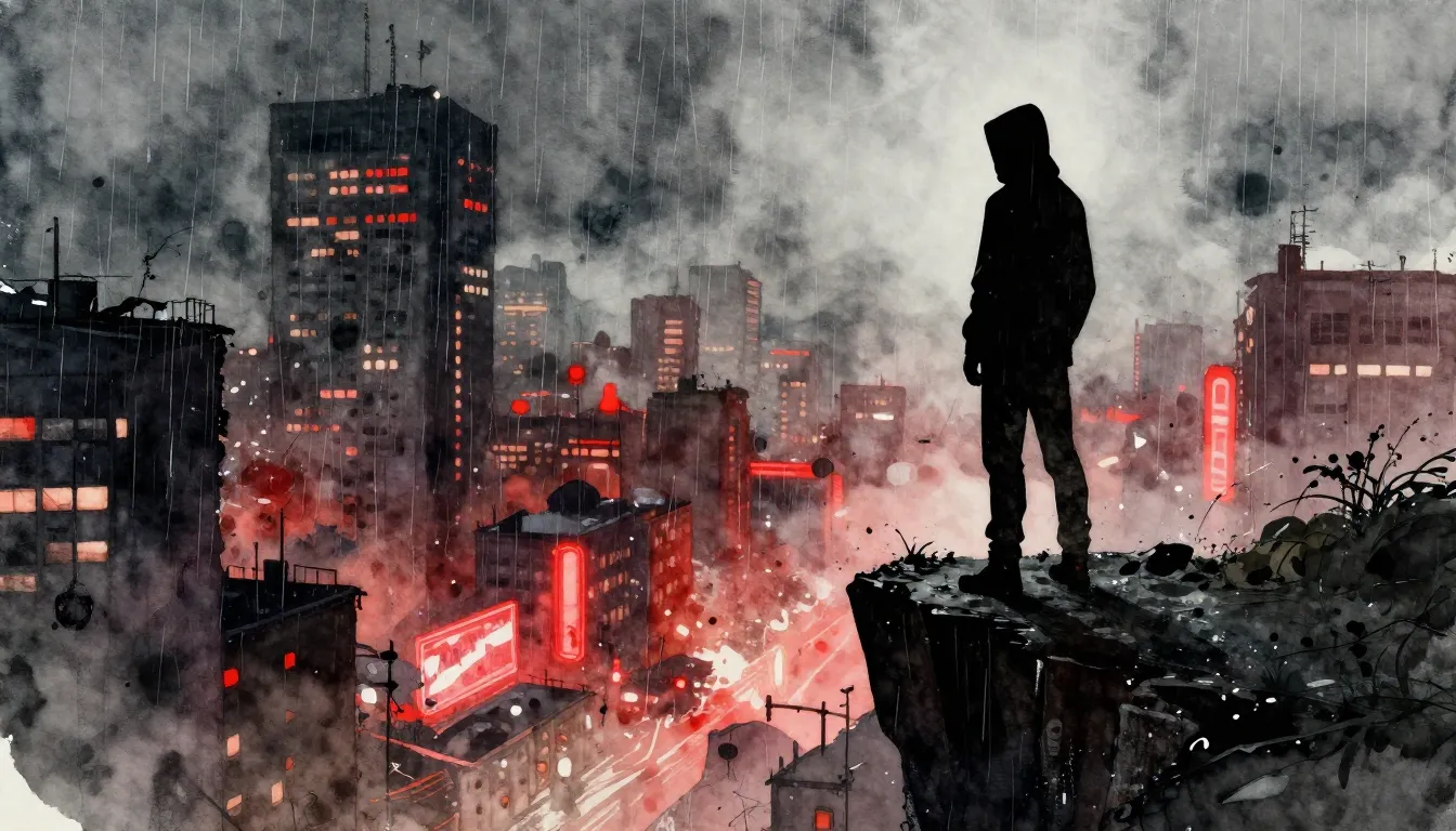 Watercolor style. Dark silhouette of a hooded figure standin...