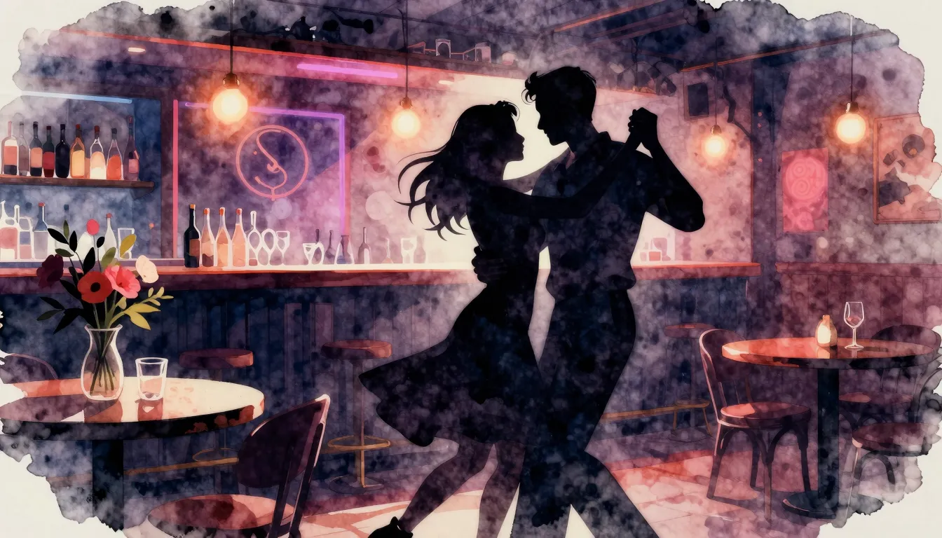 Watercolor style. A silhouette of a couple dancing in a diml...