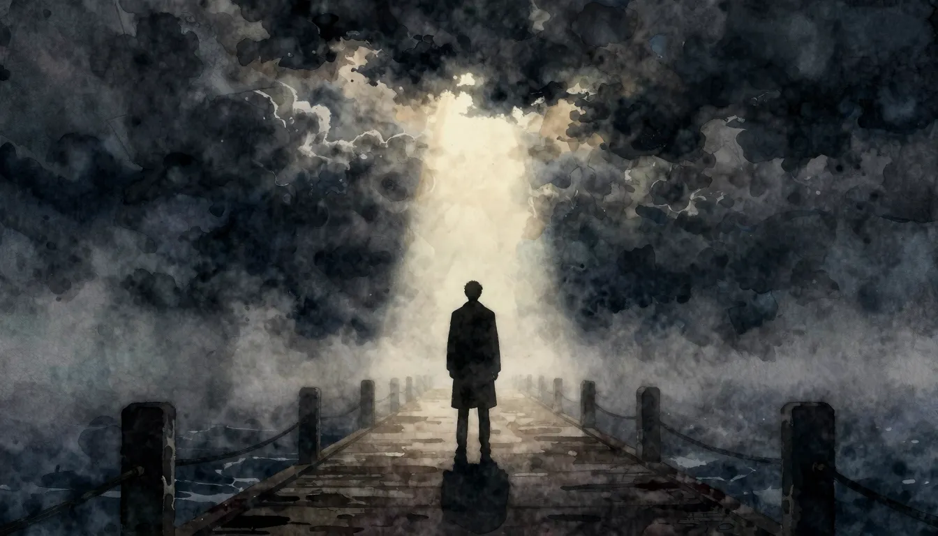 Watercolor style. A lonely silhouette of a man in a long coa...