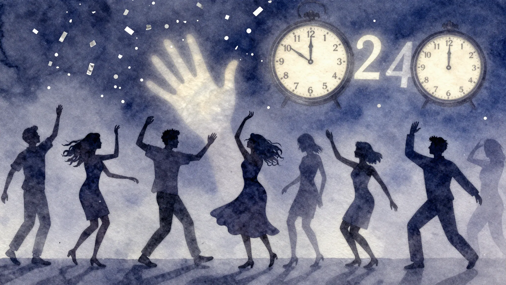 Watercolor style. Silhouettes of people dancing under fallin...