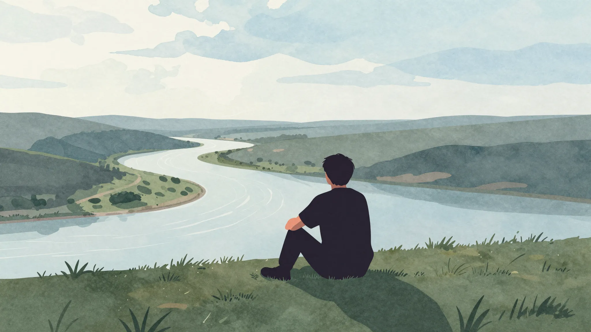 Watercolor style. A dark silhouette of a person sitting on a...
