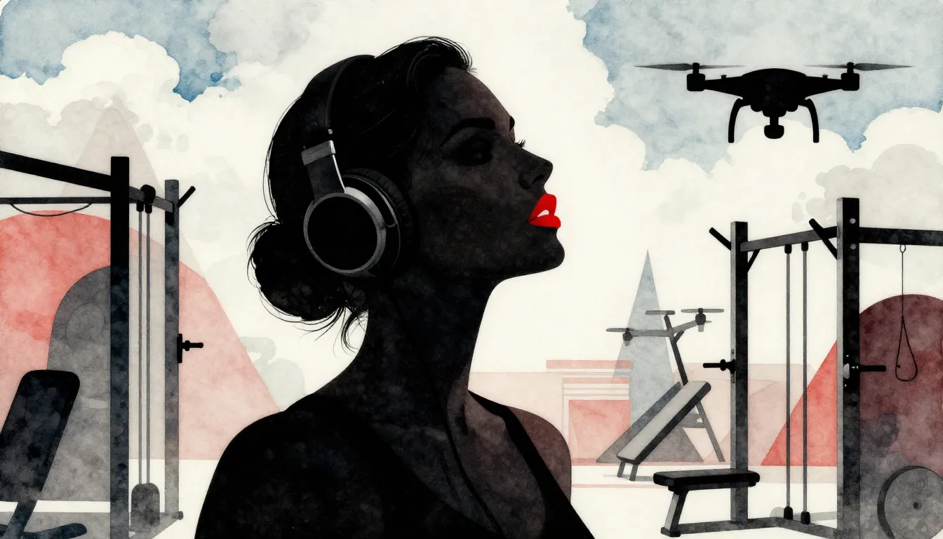 Watercolor style. Silhouette of a stylish woman with headpho...