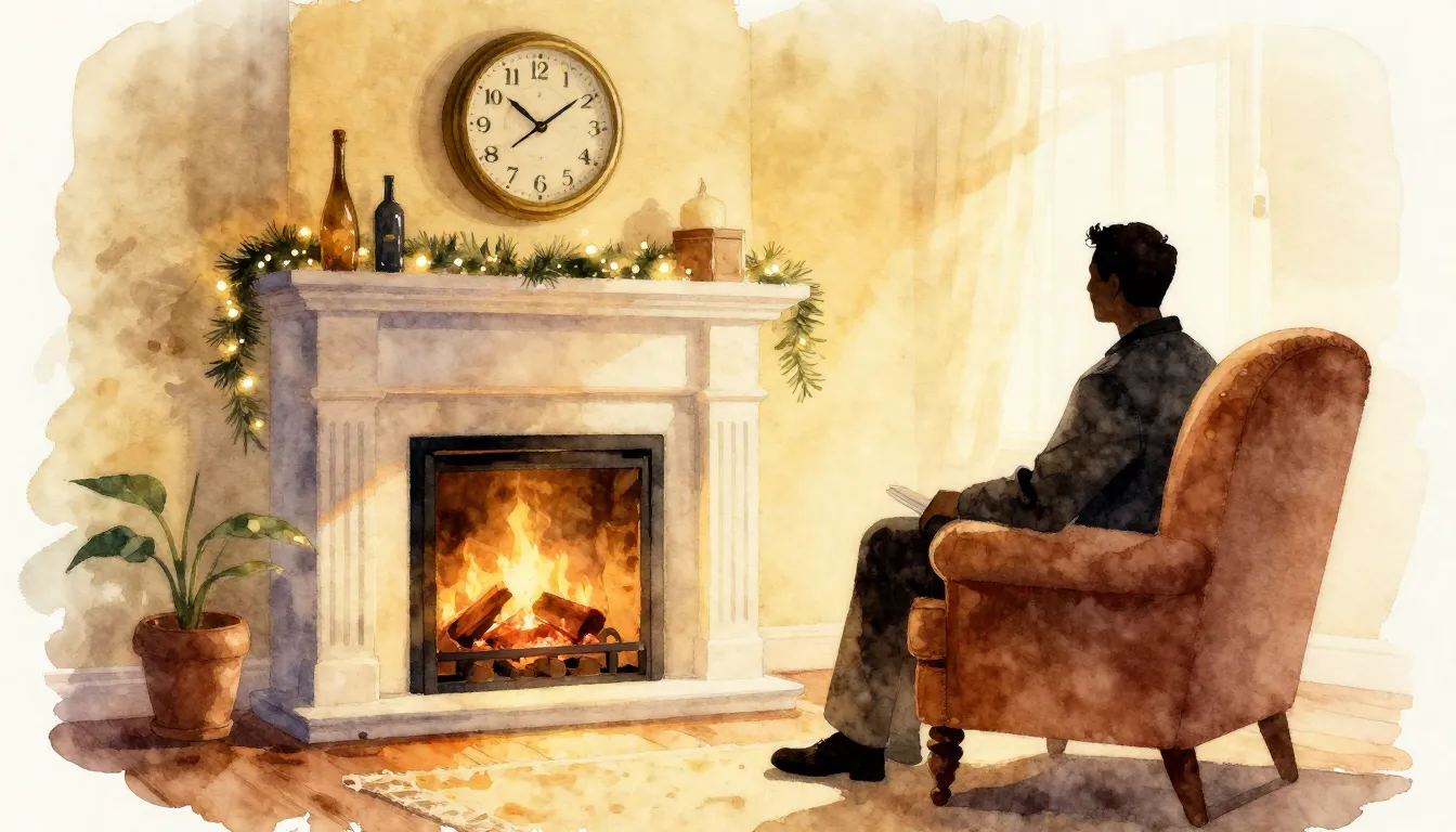 Watercolor style. A warm, cozy living room with a fireplace,...