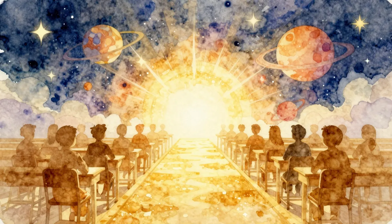 Watercolor style. A stylized golden path leading from a clas...