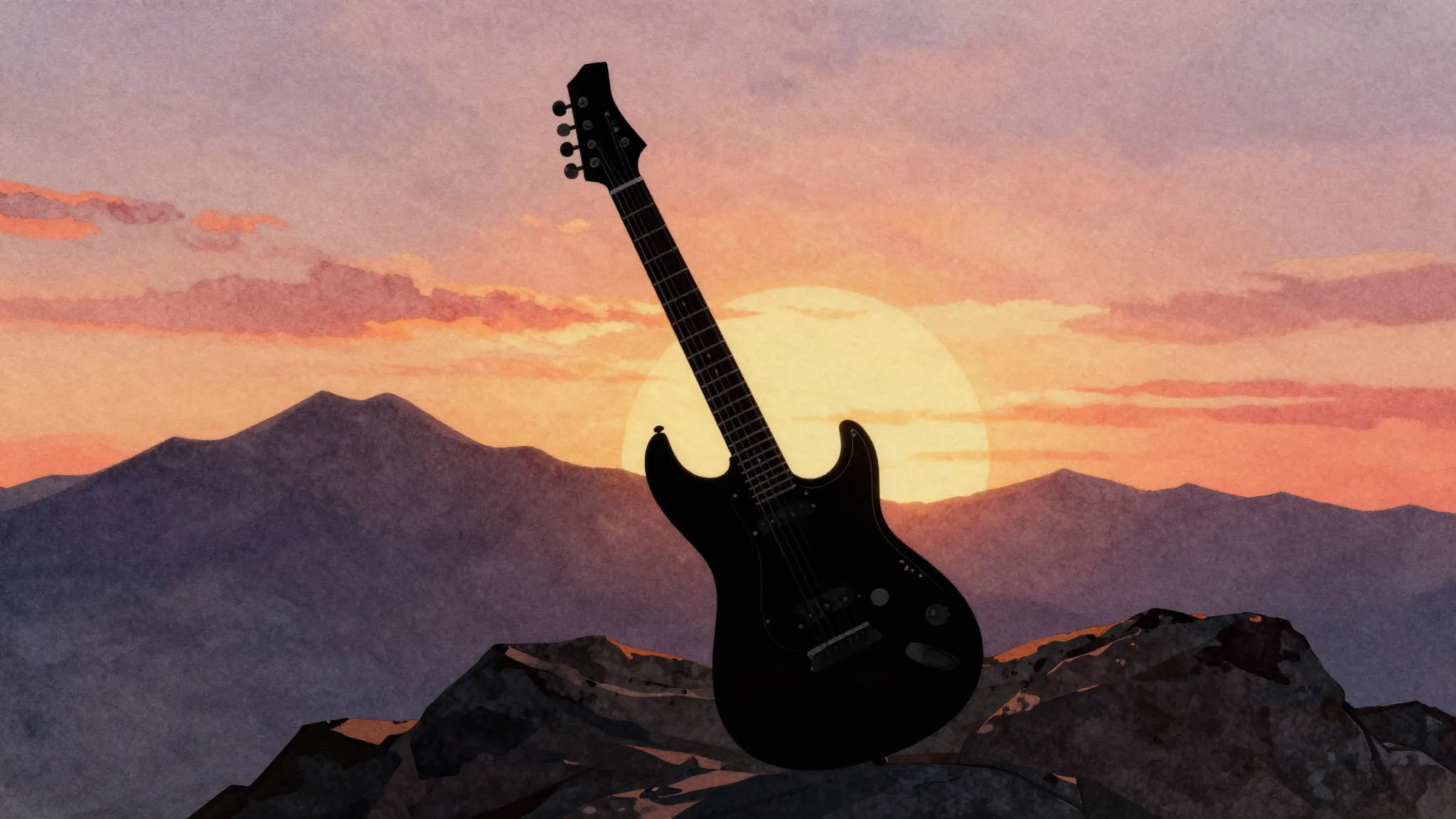 Watercolor style. Silhouette of a mountain range at sunset, ...