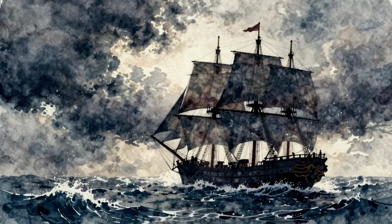 Watercolor style. Silhouette of a large sailing ship on a st...