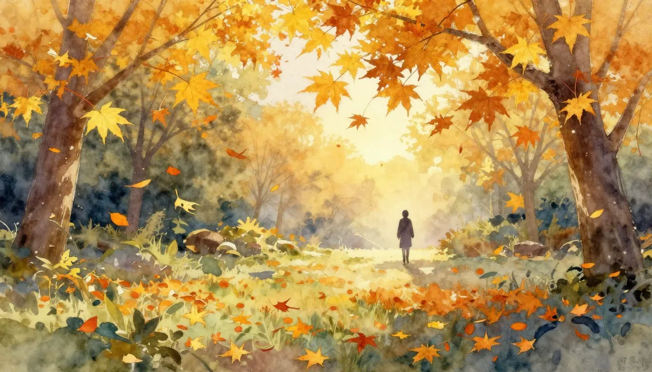 Watercolor style. A serene autumn garden with golden maple l...