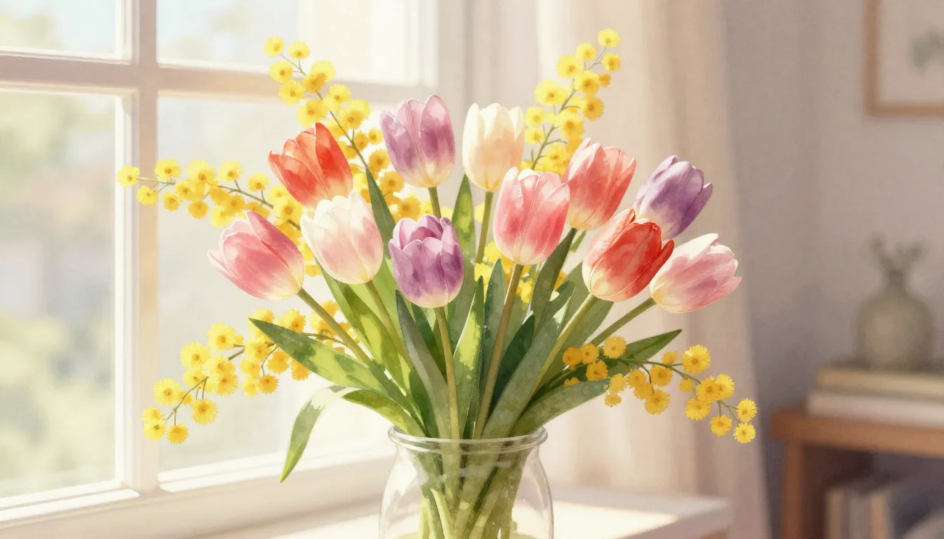 Watercolor style. Spring flowers bouquet, tulips and mimosas...