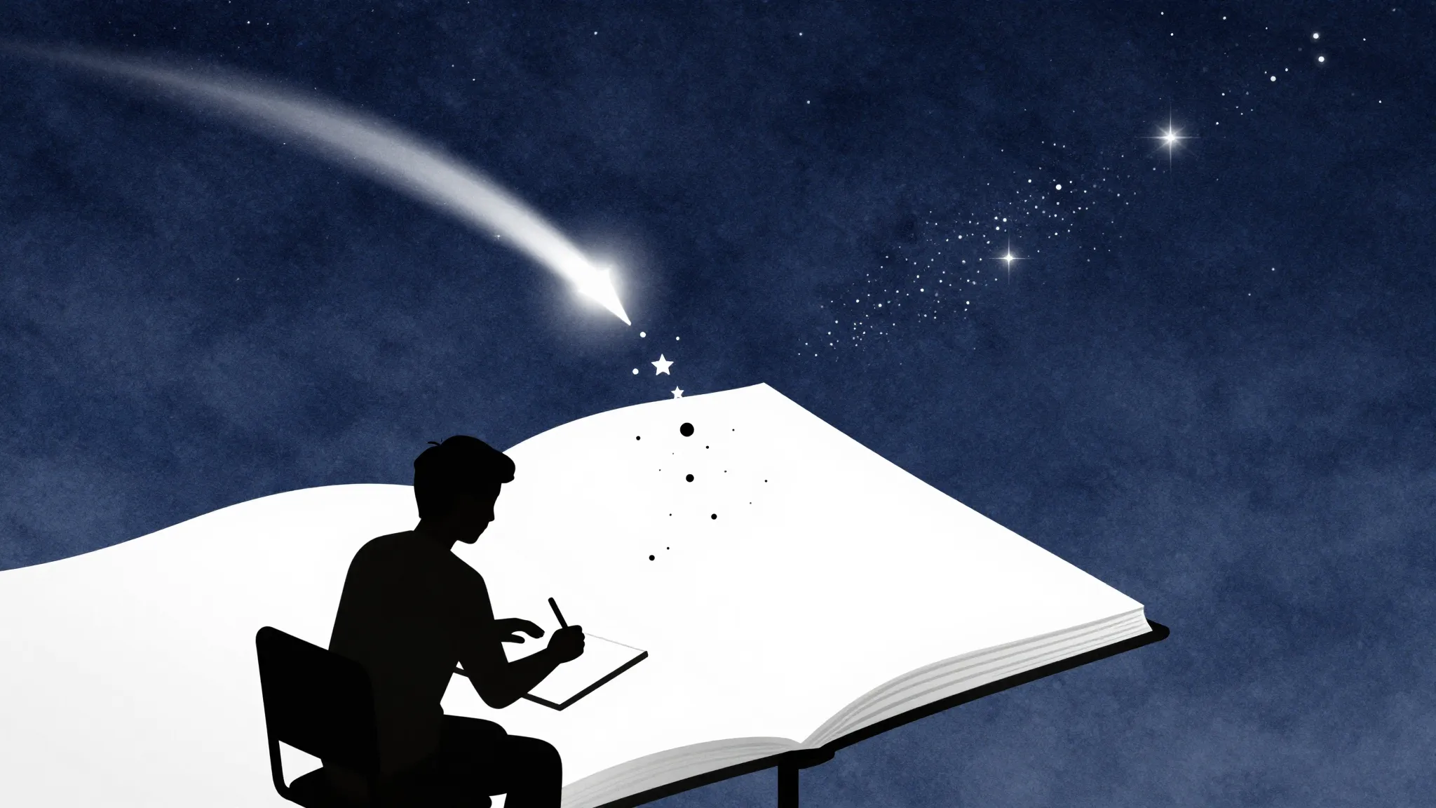 Watercolor style. A silhouette of a writer at a desk under a...
