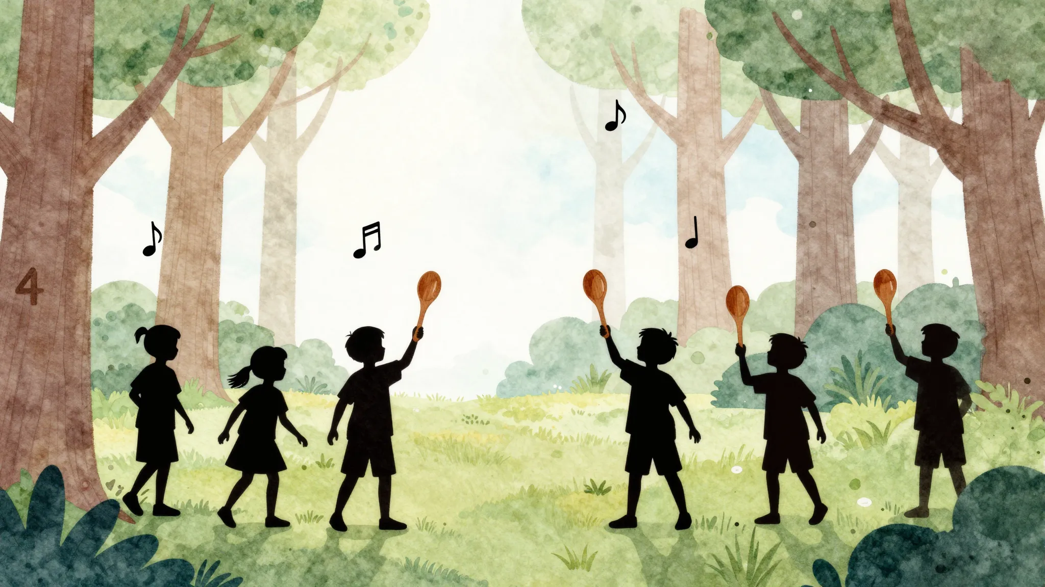 Watercolor style. Silhouettes of children playing wooden spo...