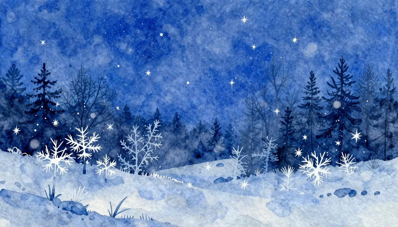Vibrant watercolor style. Folk album cover, winter night, bl...