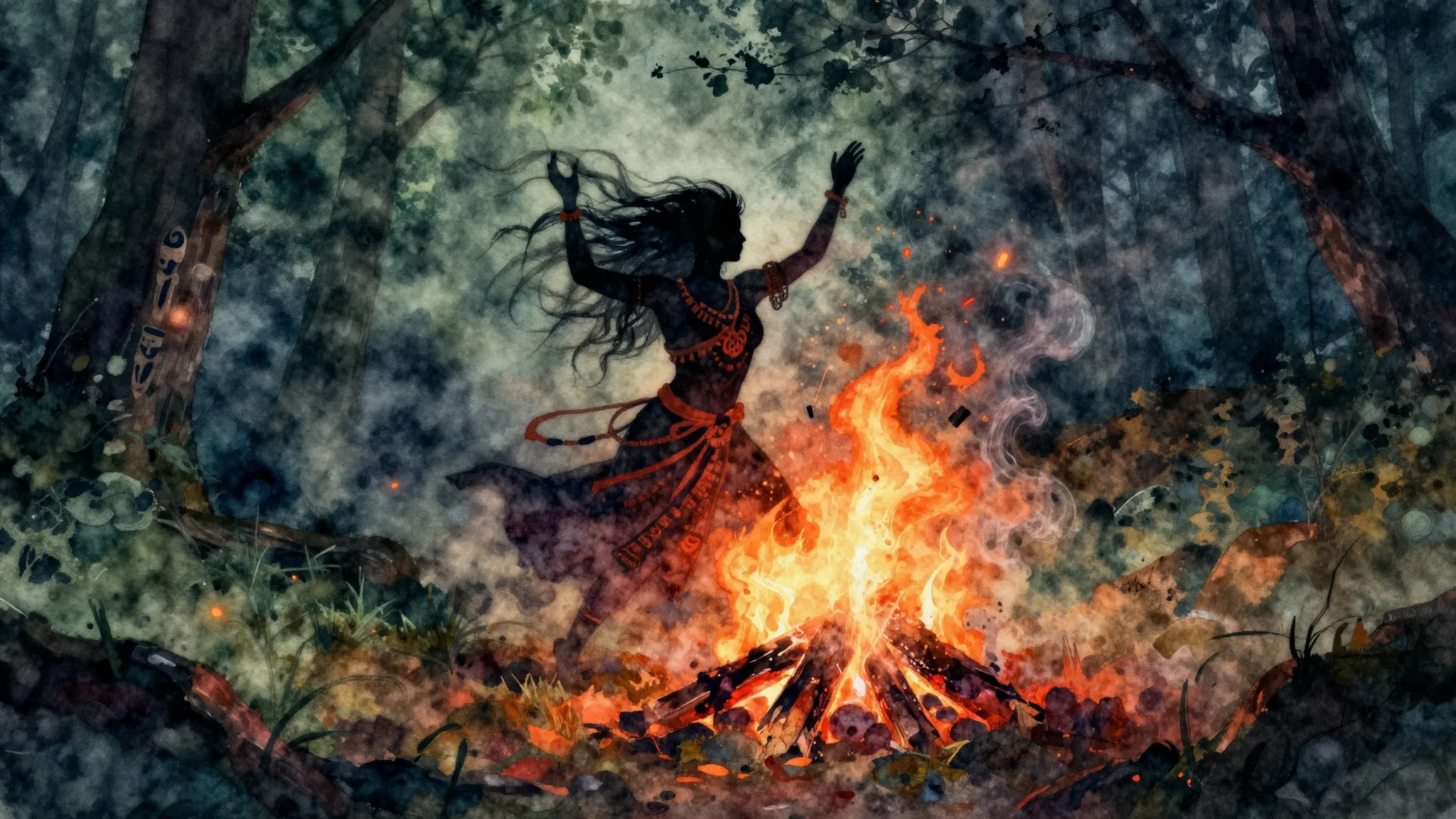 Vibrant watercolor style. A mystical, primal, and energetic ...