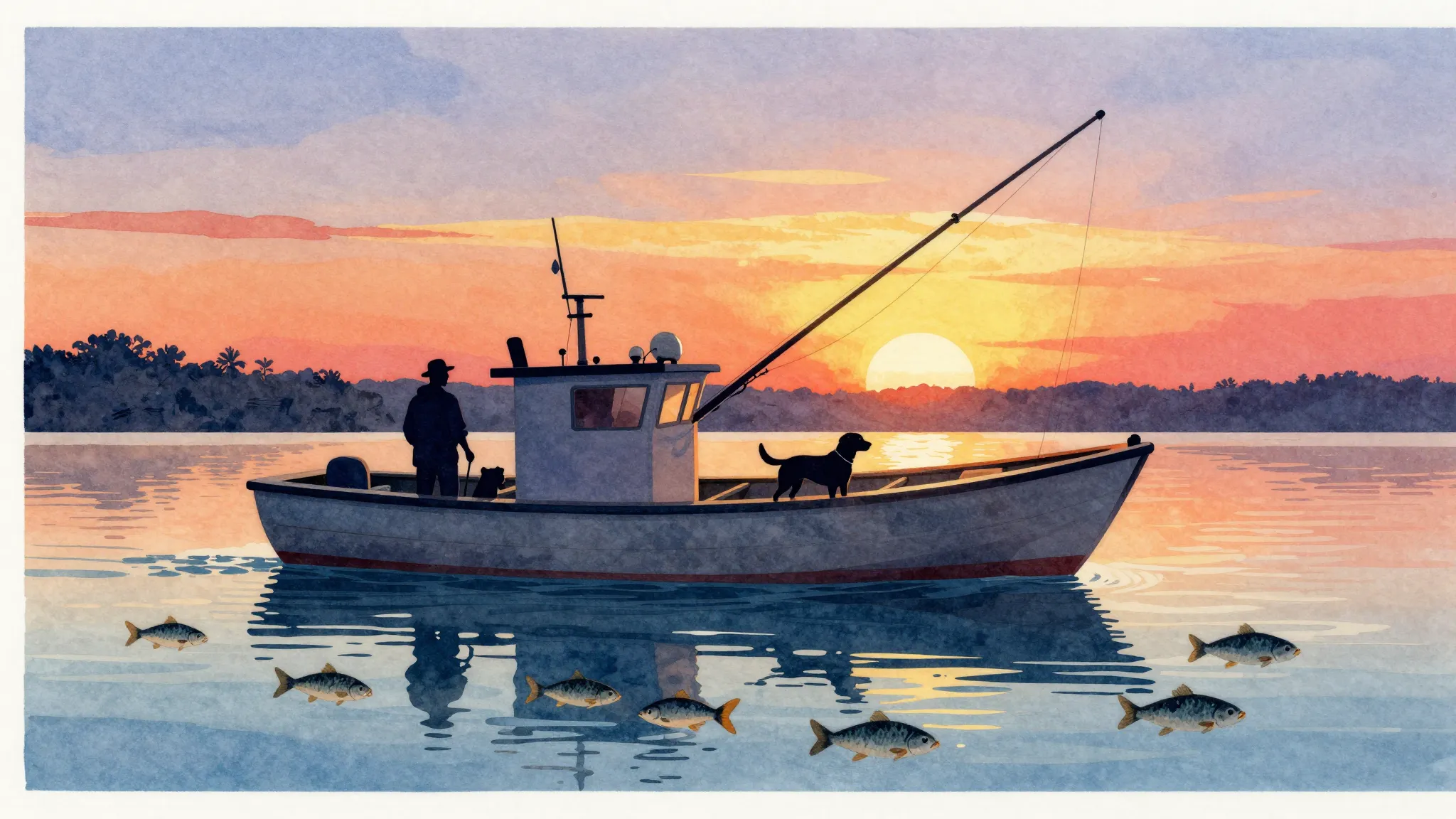Vibrant watercolor style. A fishing boat with three silhouet...