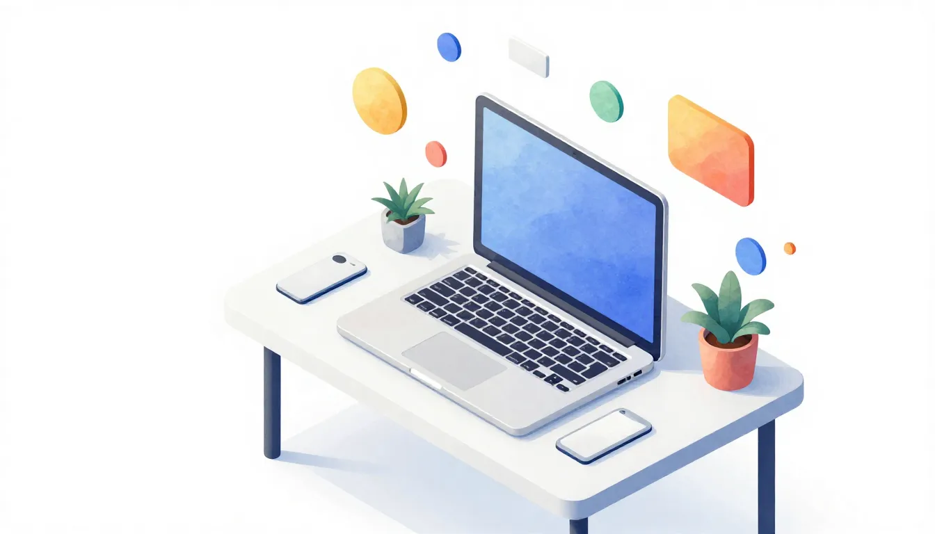 Watercolor style. Minimalist 3d isometric workspace, laptop ...