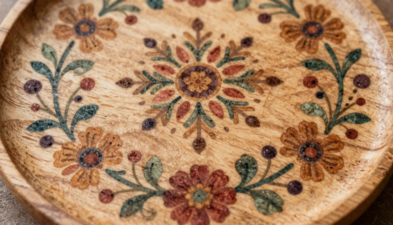 Watercolor style. Stylized wooden plate with intricate flora...