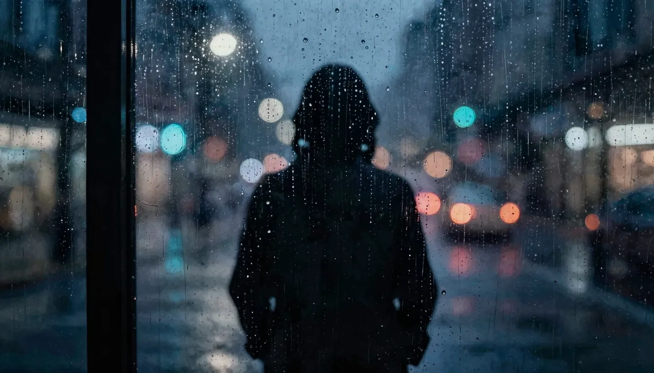 Watercolor style. A dark silhouette of a person standing beh...