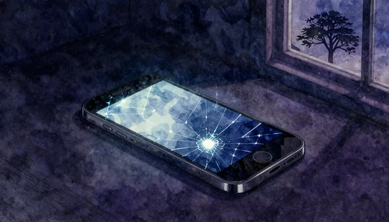 Watercolor style. A broken smartphone screen glowing in the ...