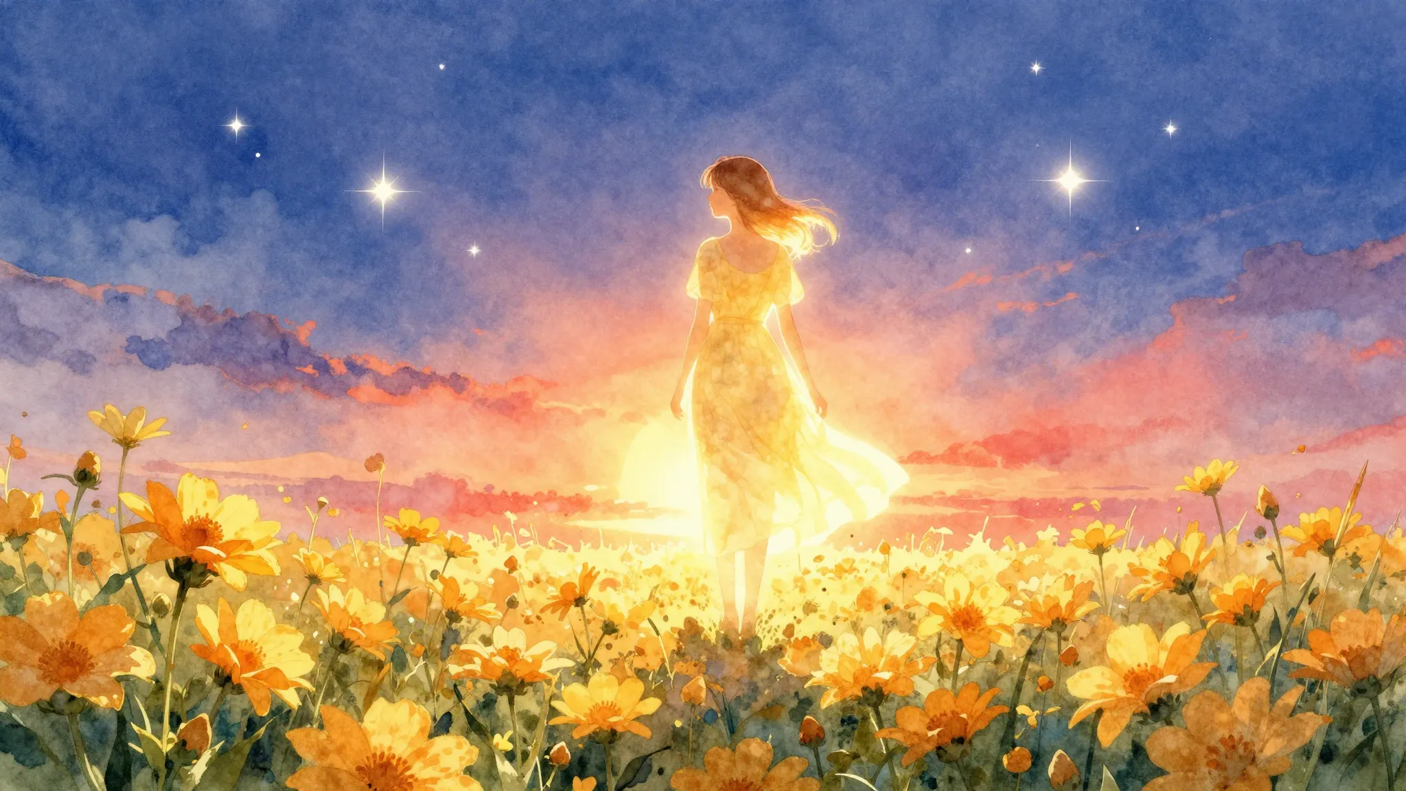 Watercolor style. A glowing silhouette of a woman standing i...