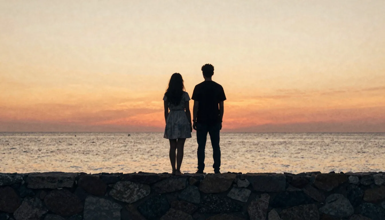 Watercolor style. A silhouette of a couple standing on a sol...