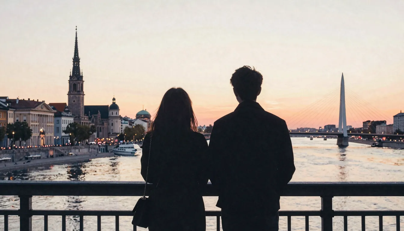 Watercolor style. Silhouettes of two friends standing on a b...