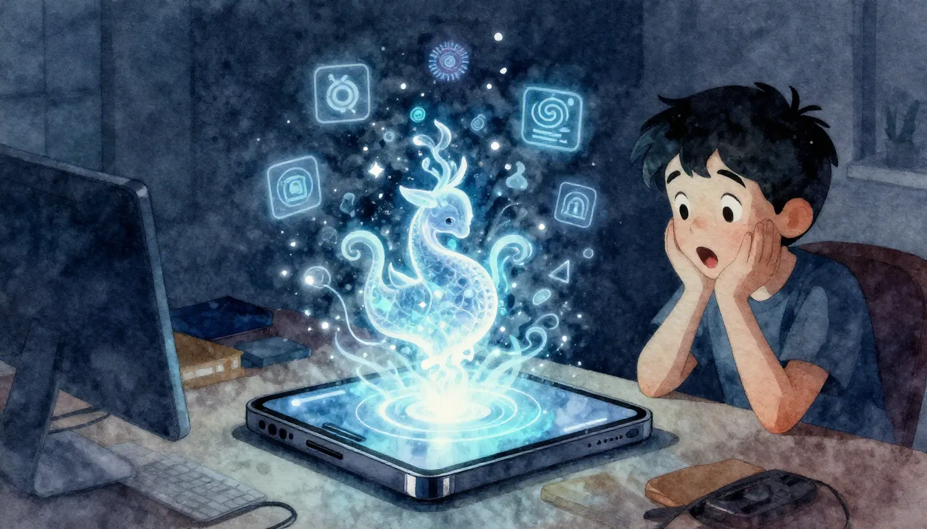 Watercolor style. A glowing holographic genie emerging from ...