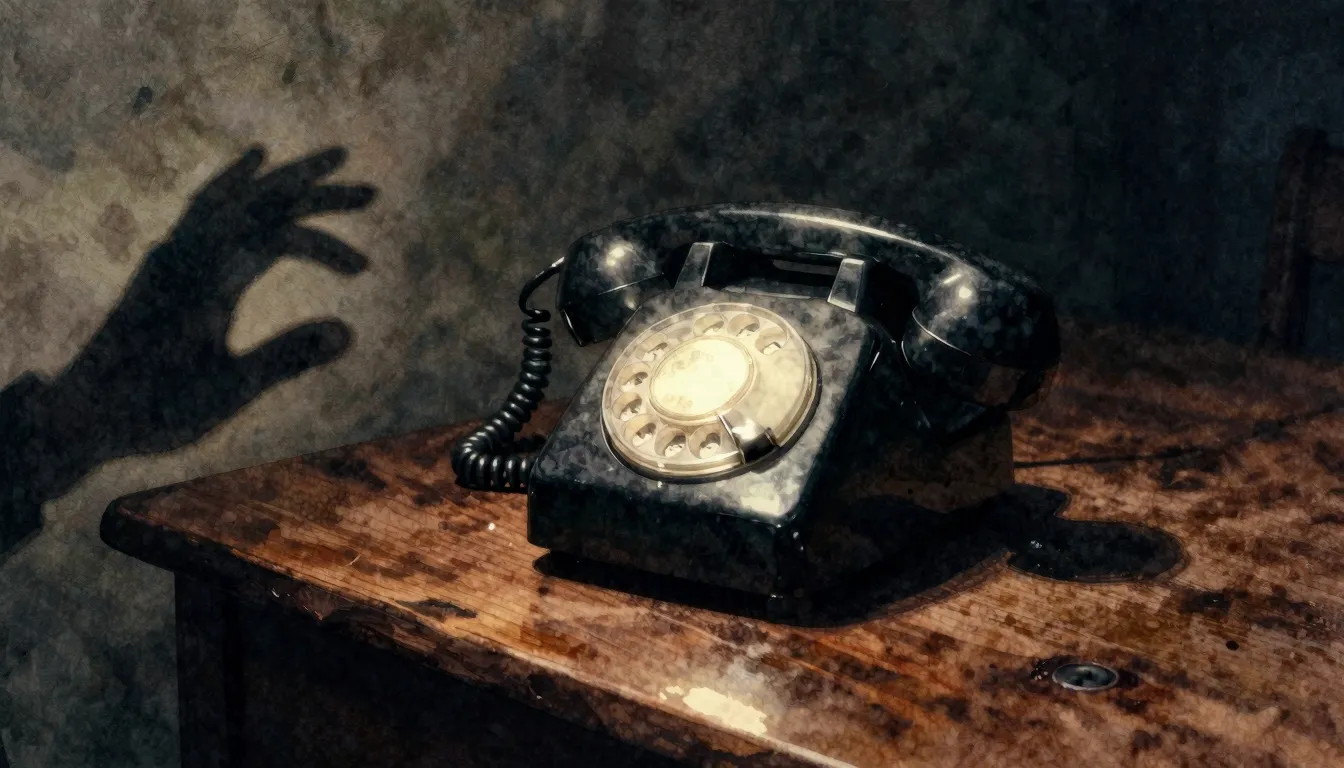 Watercolor style. A dark room with a glowing old rotary phon...