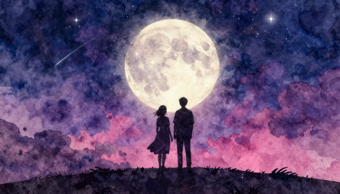 Watercolor style. A silhouette of a couple standing on a hil...