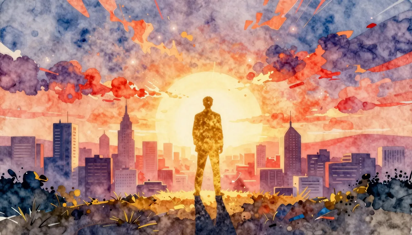 Watercolor style. A golden silhouette of a man standing on a...